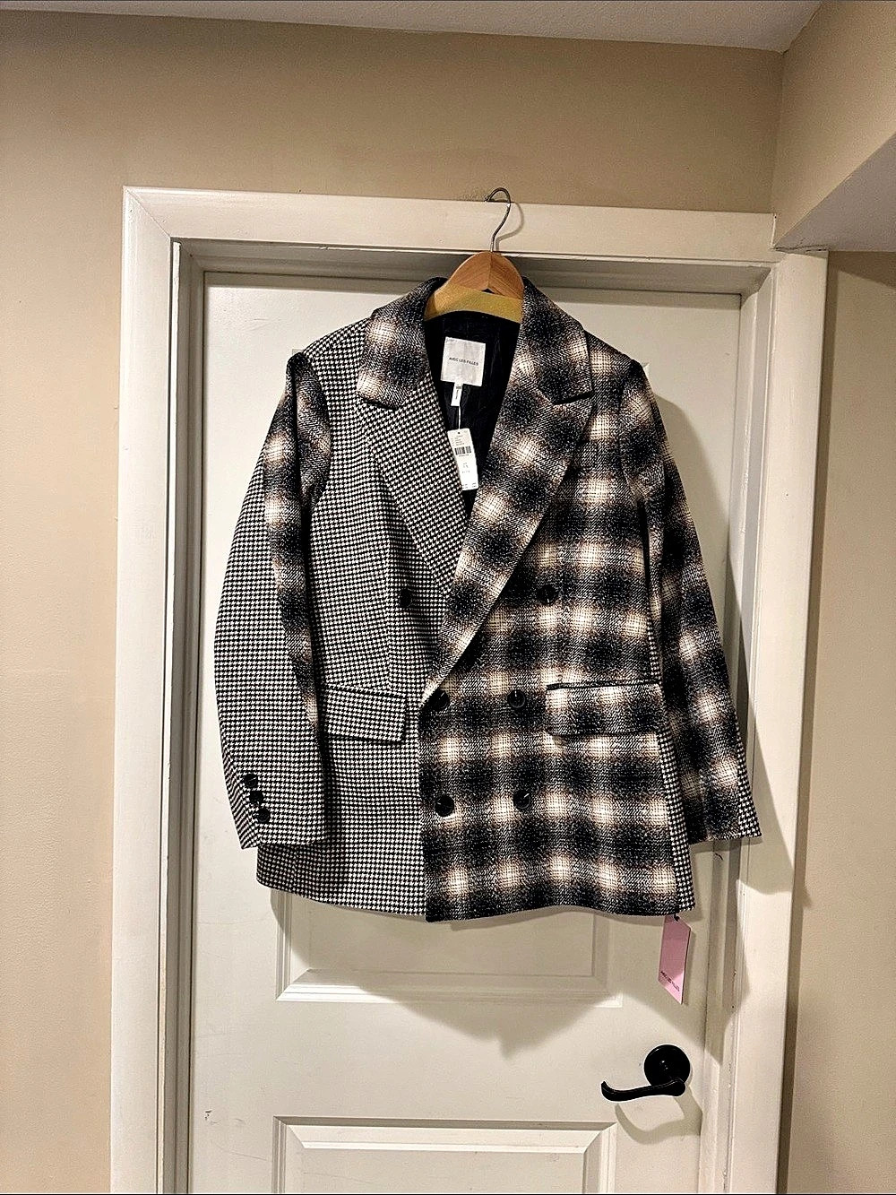 Anthropologie’s Avec Les Filles Plaid Patternblock Double Breasted Blazer Black